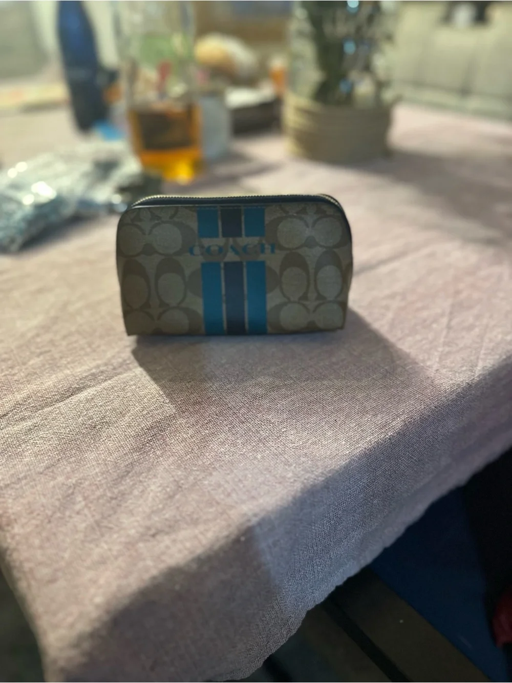 Coach Brown Signature Cosmetic Pouch with Teal Stripes